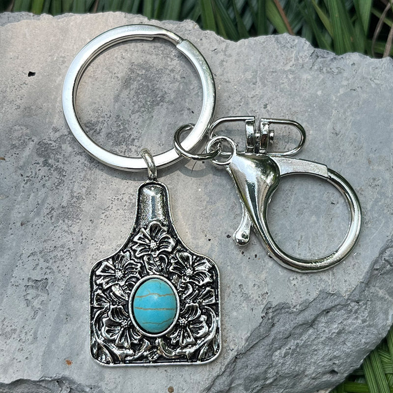 Wholesale 2pcs Turquoise Vintage Pumpkin Flower Cactus Western Style Keychain